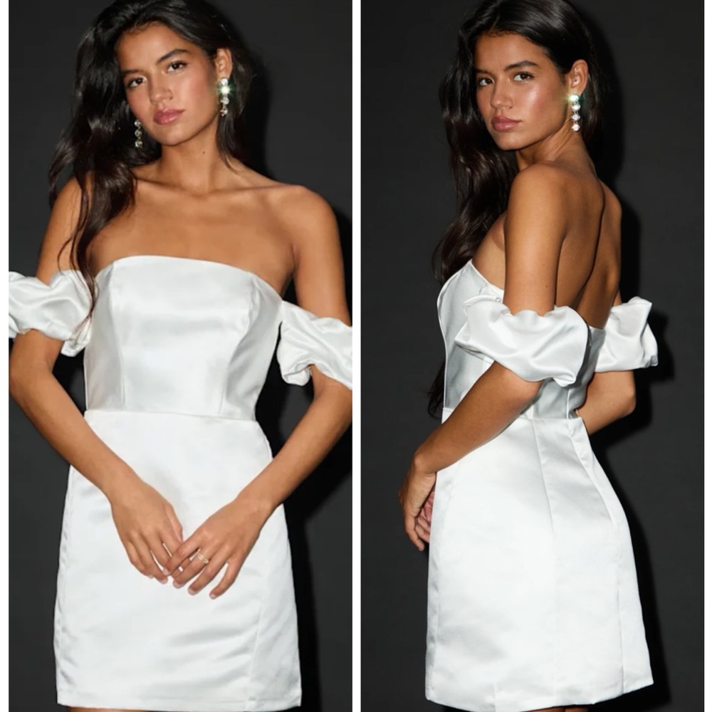Lulu's White Satin Off-Shoulder Mini Dress | Bridal